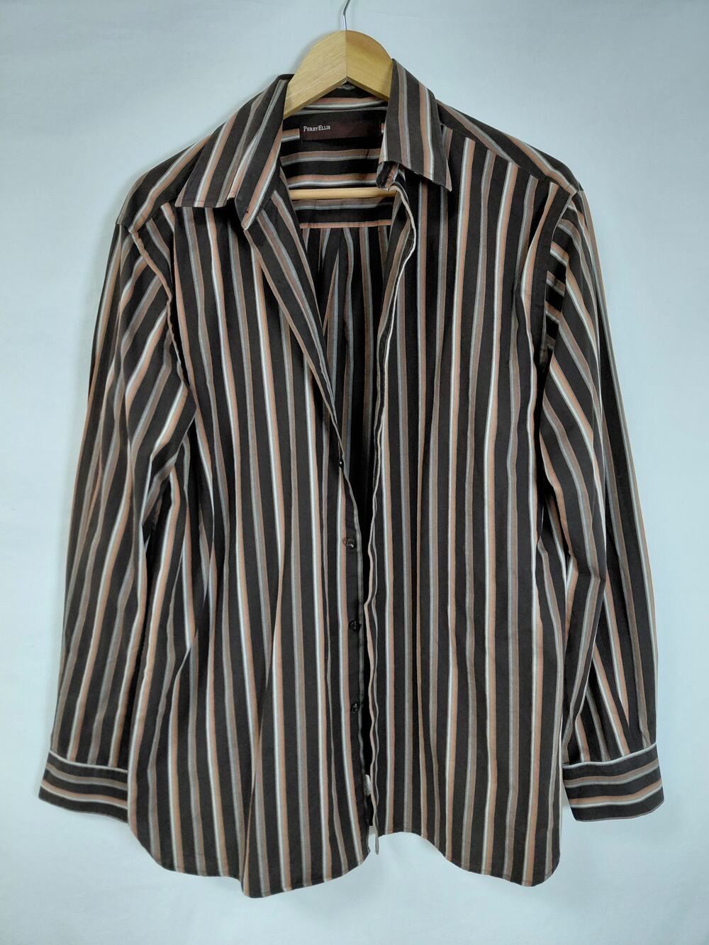 Perry Ellis Striped Collared Button-Up Shirt Men See Measurements